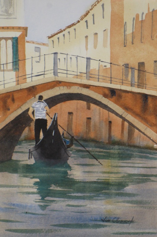 cityscape, venice, canal, bridge, gondola, gondolier, original watercolor painting, oberst